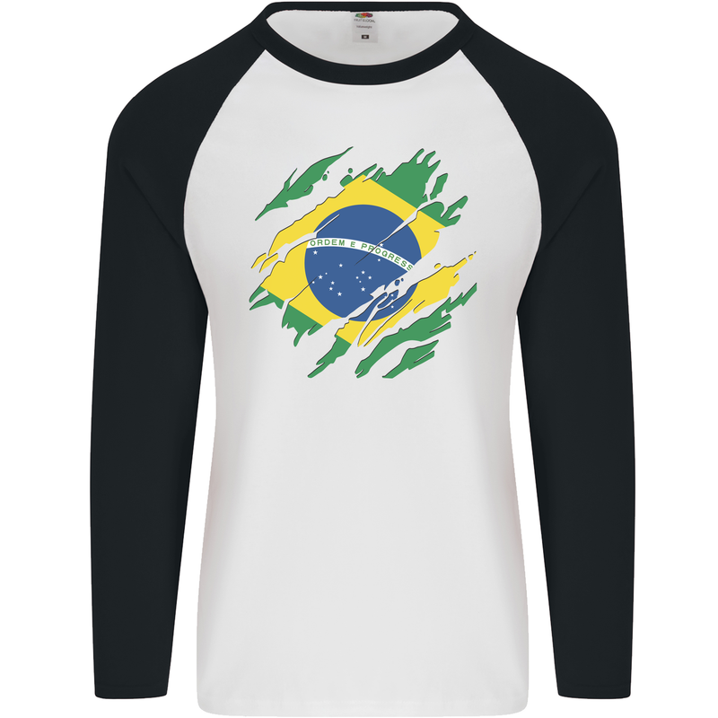 Torn Brazil Flag Brazilian Day Football Mens L/S Baseball T-Shirt White/Black