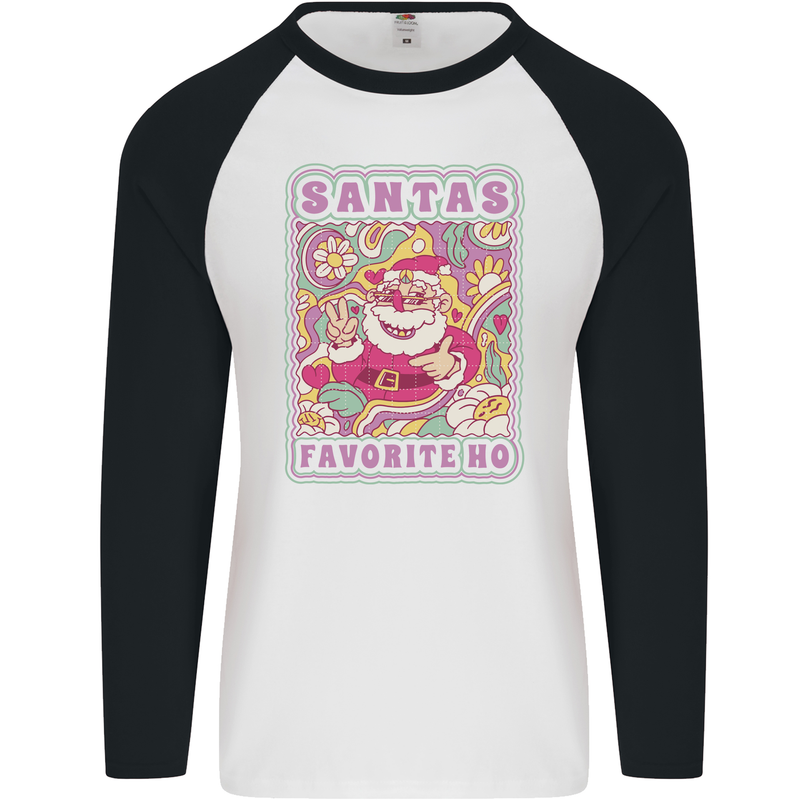 Santa's Favourite HO Funny Hippy Trippy Christmas Mens L/S Baseball T-Shirt White/Black