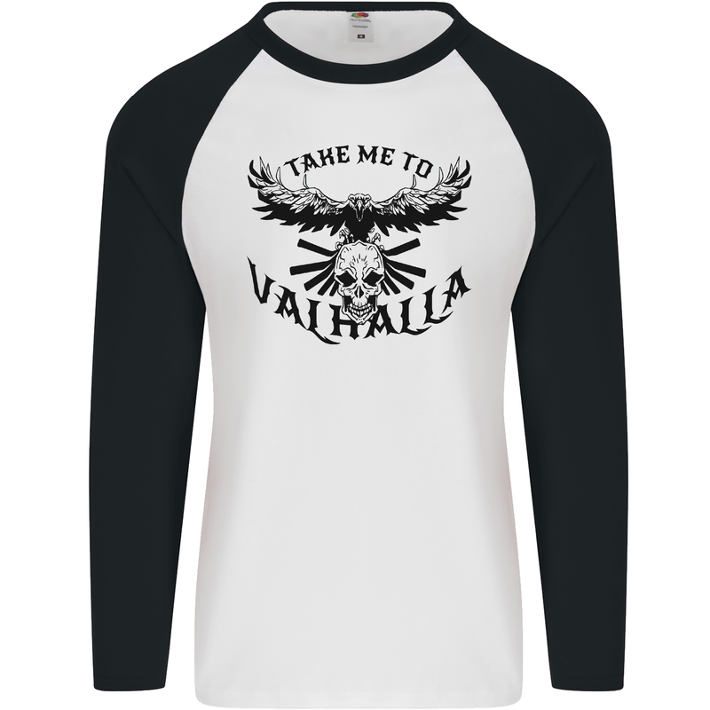 Take Me To Valhalla Viking Skull Odin Thor Mens L/S Baseball T-Shirt White/Black