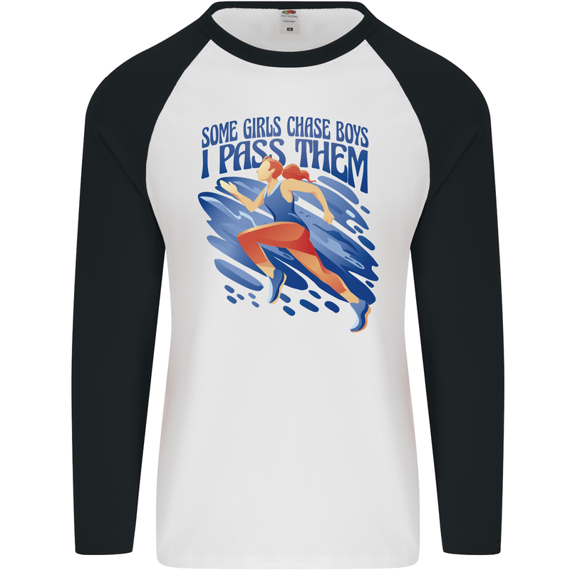 Chase Boys Running Marathon Cross Country Runner Mens L/S Baseball T-Shirt White/Black