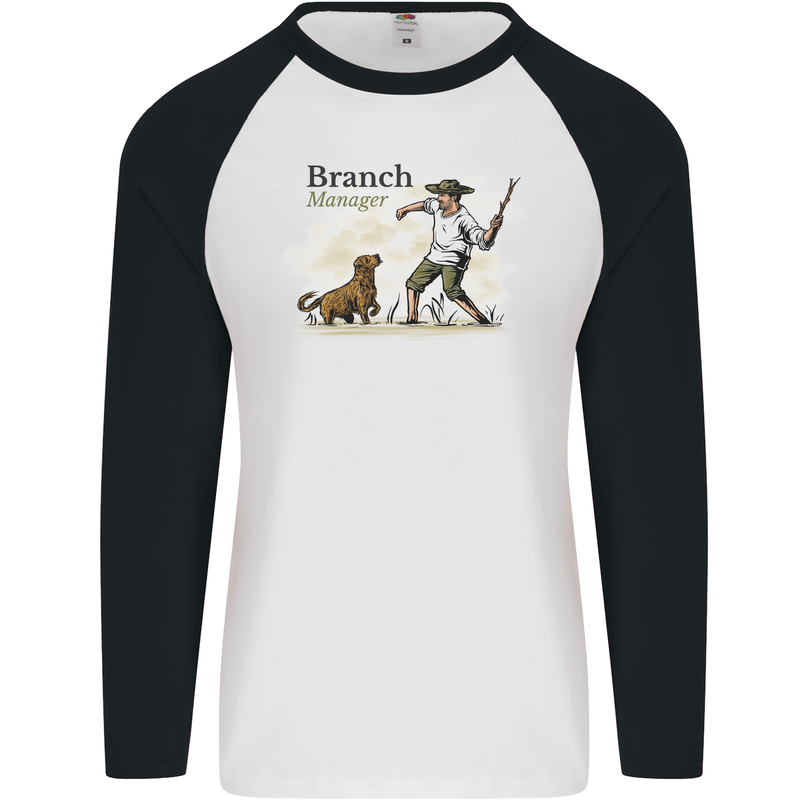 Branch Manager Funny Dog Walking Dad Mens L/S Baseball T-Shirt White/Black