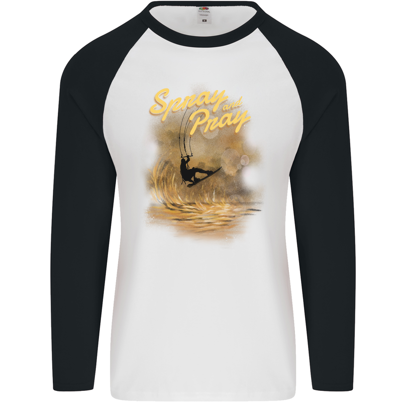 Kitesurfing Spray and Pray Mens L/S Baseball T-Shirt White/Black