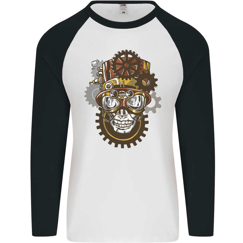 Steampunk Skull Mens L/S Baseball T-Shirt White/Black