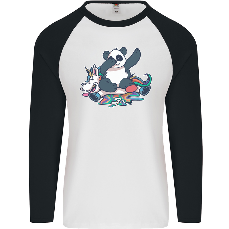 Dabbing Panda Squashing a Unicorn Funny Mens L/S Baseball T-Shirt White/Black