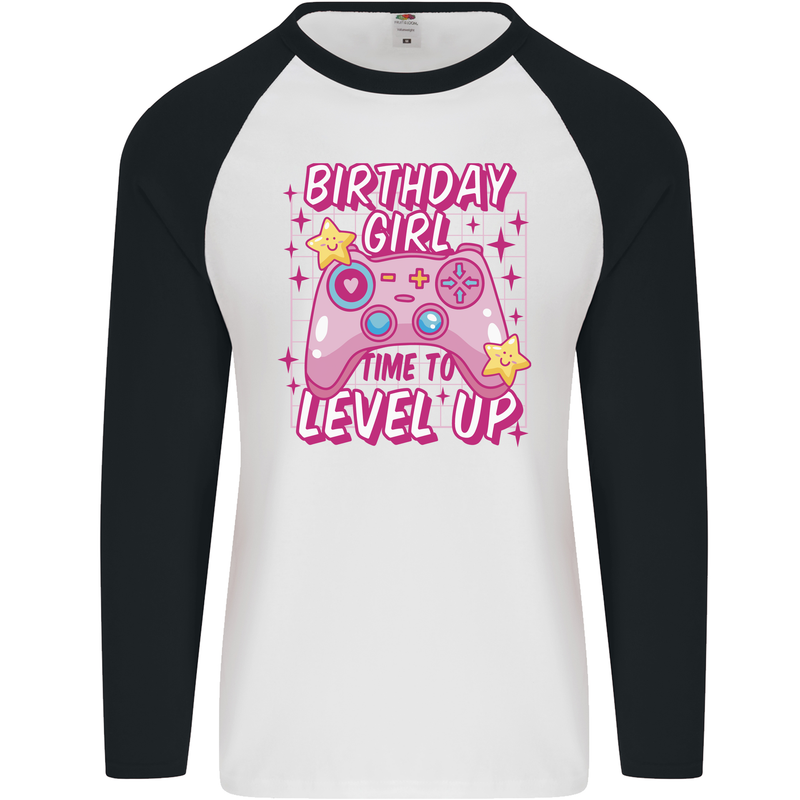 Birthday Girl Level Up Gaming Gamer 6th 7th 8th Mens L/S Baseball T-Shirt White/Black