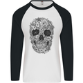 A Skull Made of Flowers Gothic Rock Biker Mens L/S Baseball T-Shirt White/Black