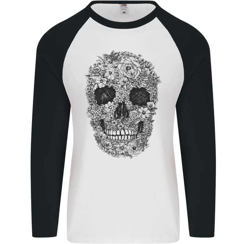 A Skull Made of Flowers Gothic Rock Biker Mens L/S Baseball T-Shirt White/Black