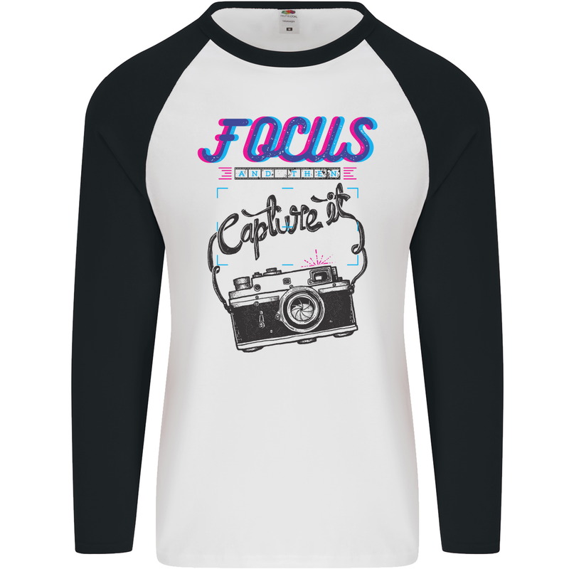 Focus and Then Capture It Photography Mens L/S Baseball T-Shirt White/Black