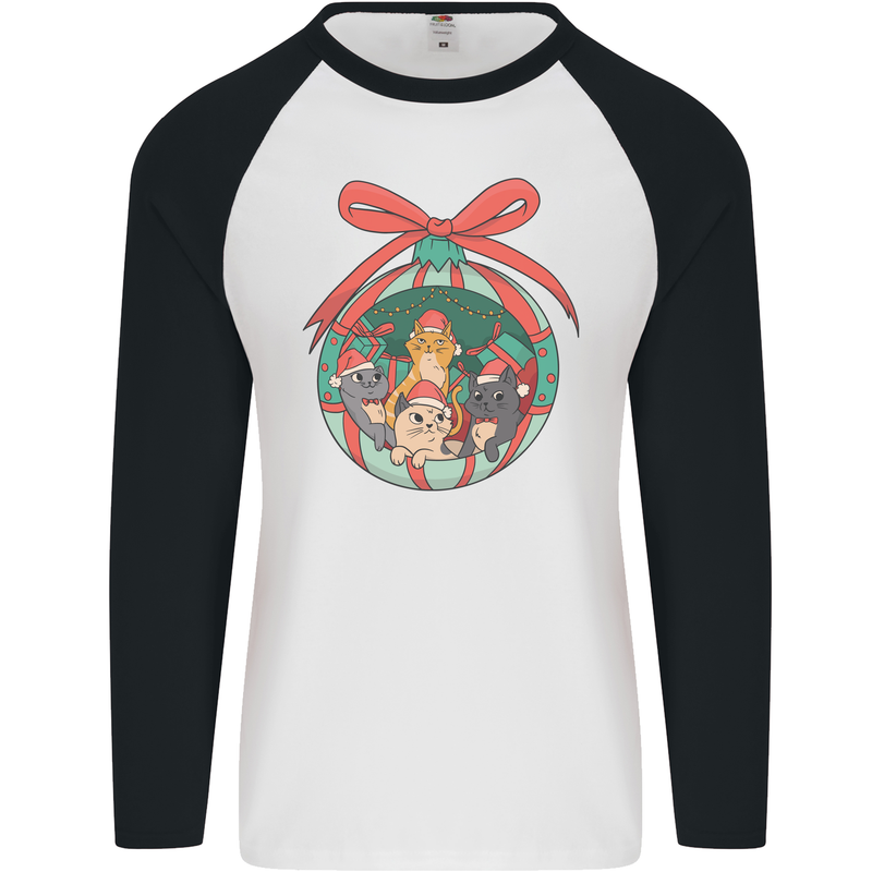 Funny Christmas Cats Bauble Mens L/S Baseball T-Shirt White/Black