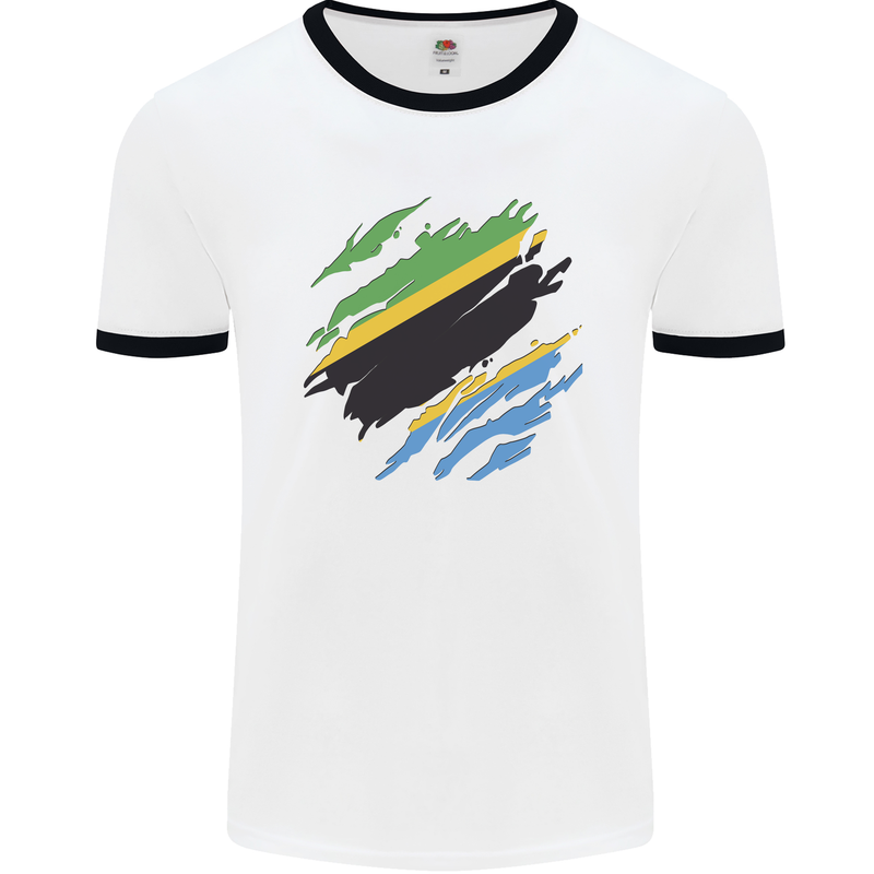 Torn Tanzania Flag Tanzanian Day Football Mens Ringer T-Shirt White/Black