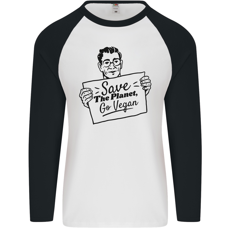 Save the Planet Go Vegan Global Warming Mens L/S Baseball T-Shirt White/Black