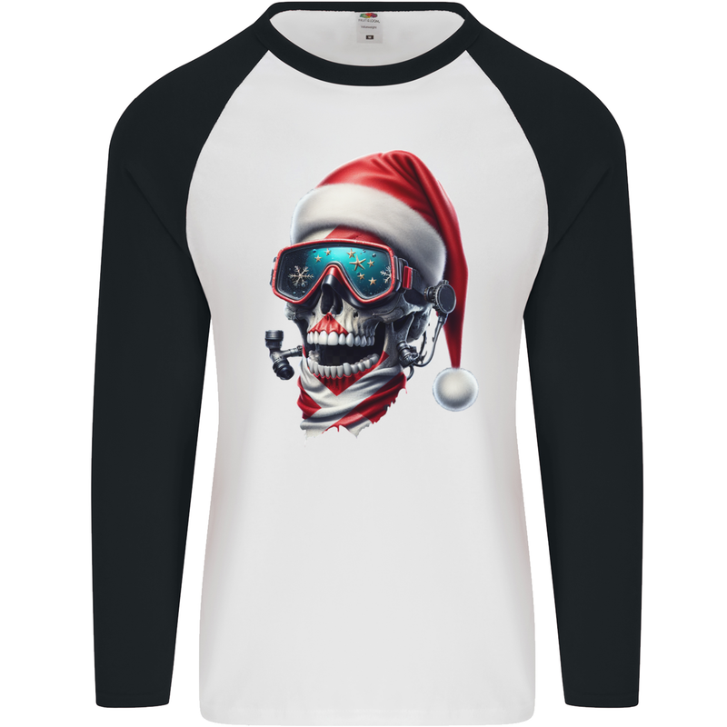 Christmas Scuba Diving Skull Xmas Hat Mens L/S Baseball T-Shirt White/Black