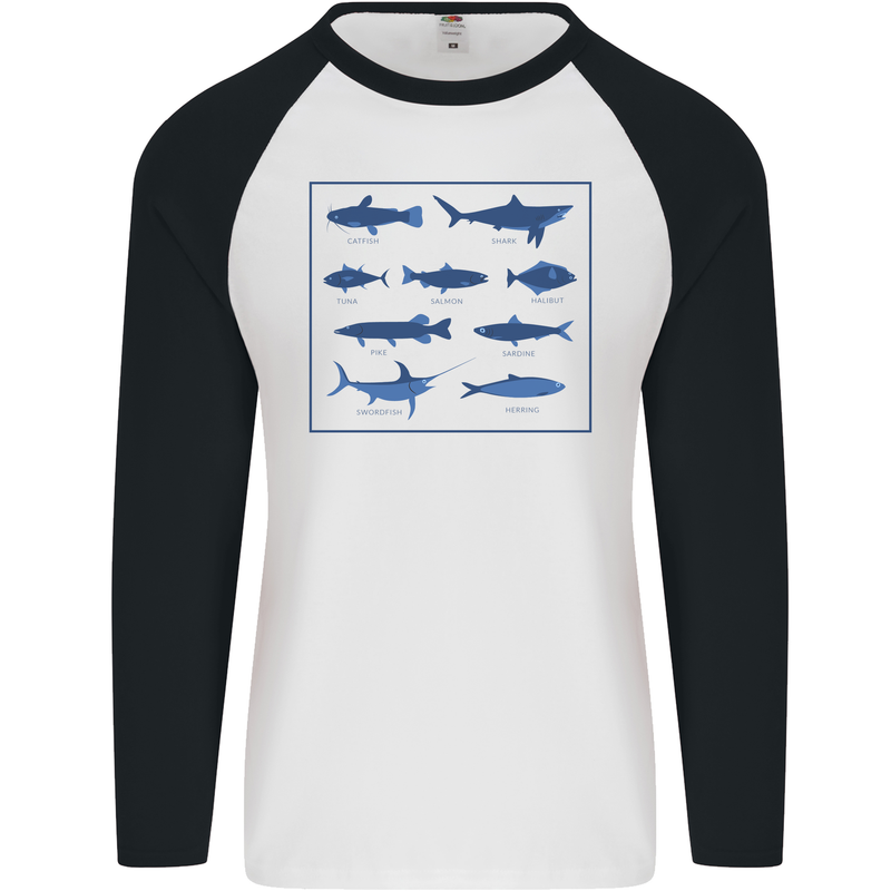 Fish Species Fishing Fisherman Shark Mens L/S Baseball T-Shirt White/Black