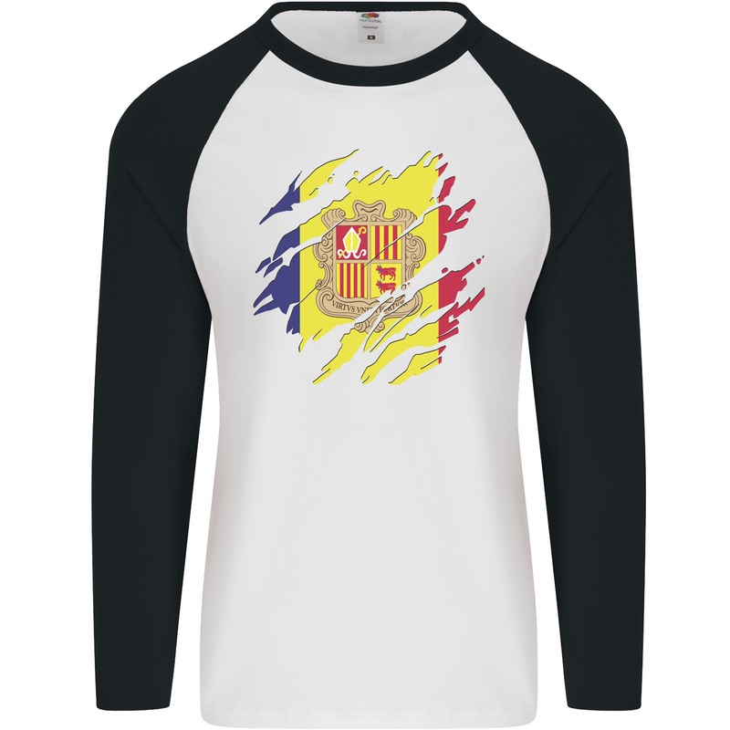 Torn Andorra Flag Andorran Day Football Mens L/S Baseball T-Shirt White/Black