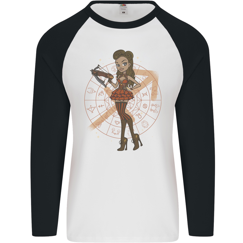 Sagittarius Steampunk Woman Star Sign Mens L/S Baseball T-Shirt White/Black