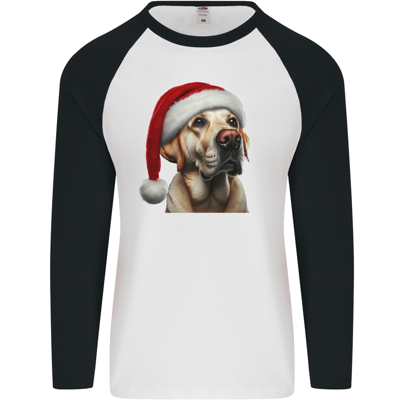 Christmas Golden Labrador Xmas Hat Dog Mens L/S Baseball T-Shirt White/Black