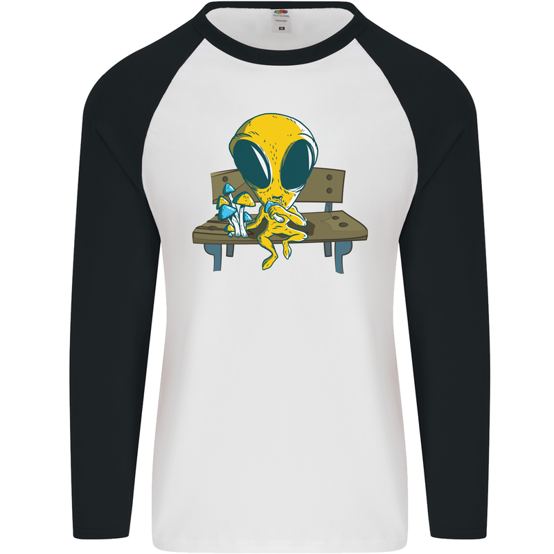 An Alien Eating Magic Mushrooms LSD Mens L/S Baseball T-Shirt White/Black