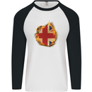 Union Jack Flag Fire Effect Great Britain Mens L/S Baseball T-Shirt White/Black