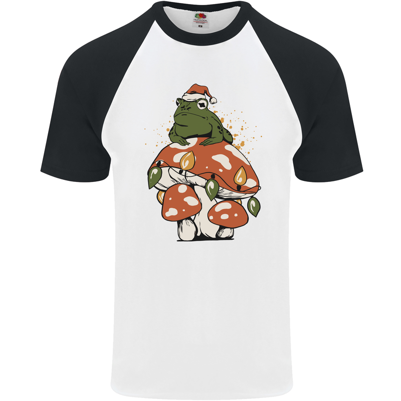 Christmas Frog Mushroom Xmas Mycology Foraging Mens S/S Baseball T-Shirt White/Black