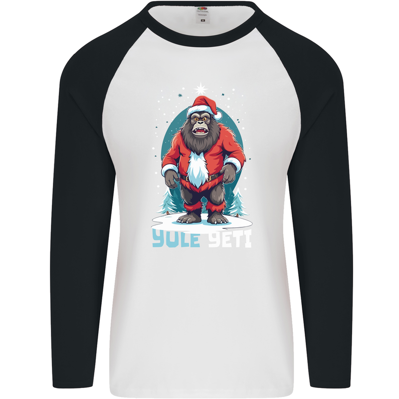 Yule Yeti Funny Christmas Bigfoot Sasquatch Xmas Mens L/S Baseball T-Shirt White/Black