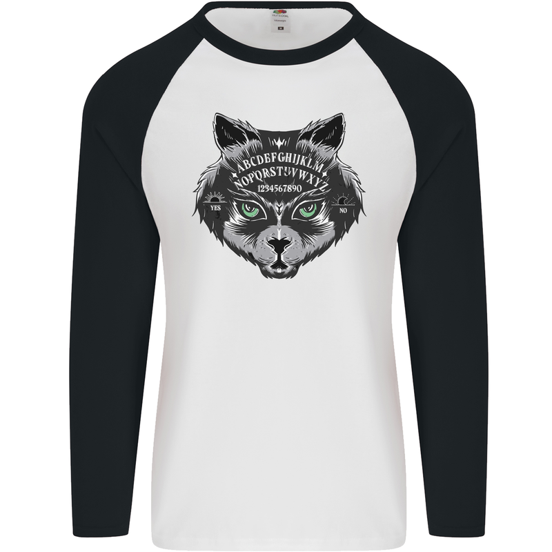 Ouija Board Cat Dark Black Magic Voodoo Mens L/S Baseball T-Shirt White/Black