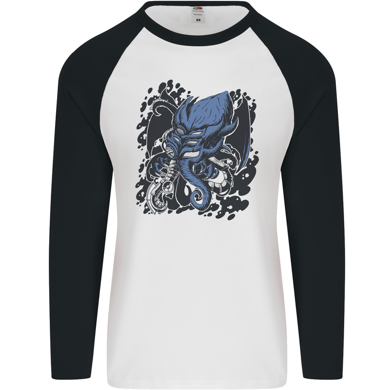 Cyberpunk Cthulhu Kraken Octopus Mens L/S Baseball T-Shirt White/Black