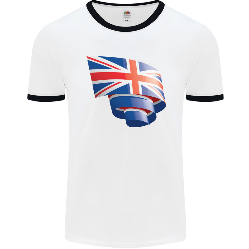Curled British Flag Union Jack Britain Mens Ringer T-Shirt White/Black