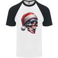 USA Christmas Skull Xmas American Flag Biker Mens S/S Baseball T-Shirt White/Black