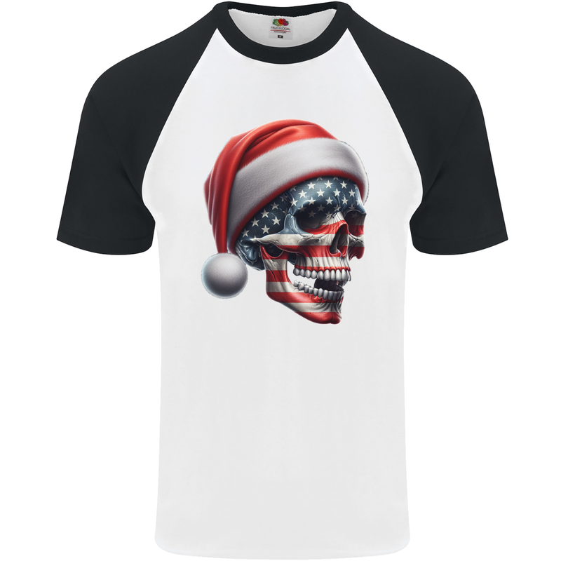 USA Christmas Skull Xmas American Flag Biker Mens S/S Baseball T-Shirt White/Black