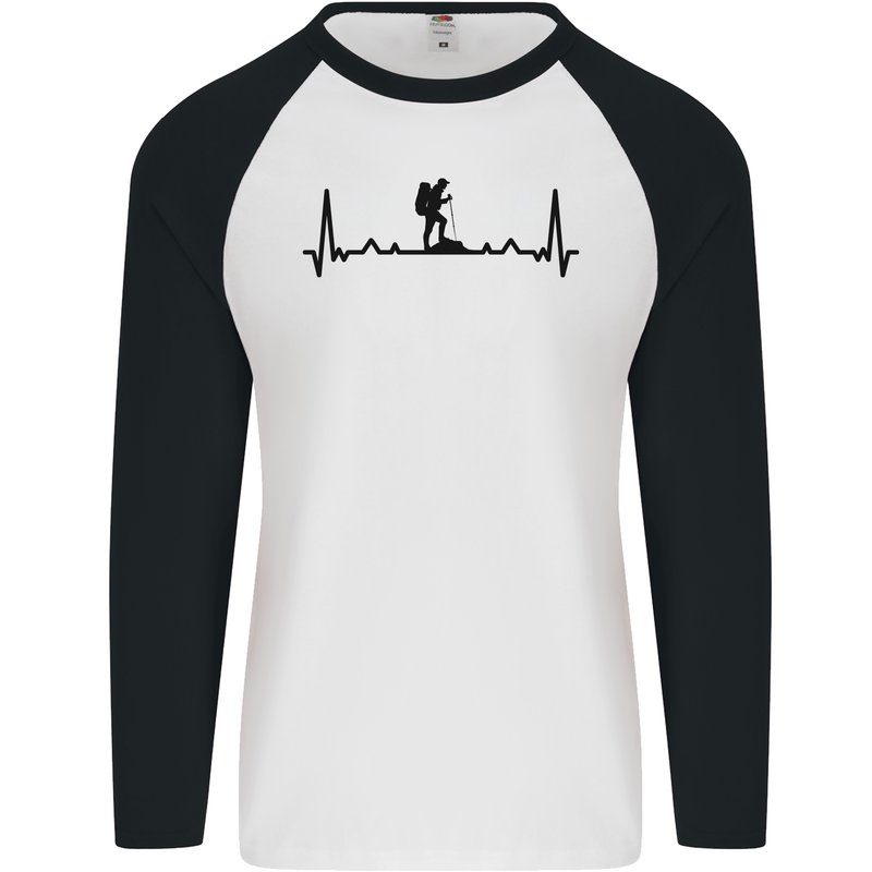 Hiking ECG Walking Rambling Trekking Pulse Mens L/S Baseball T-Shirt White/Black