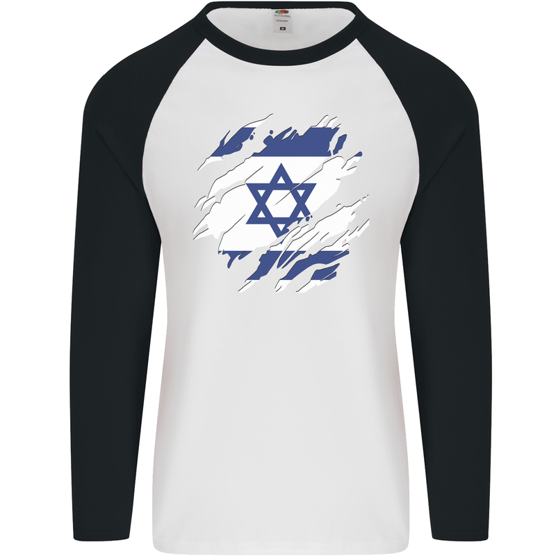 Torn Israel Flag Israeli Day Football Mens L/S Baseball T-Shirt White/Black