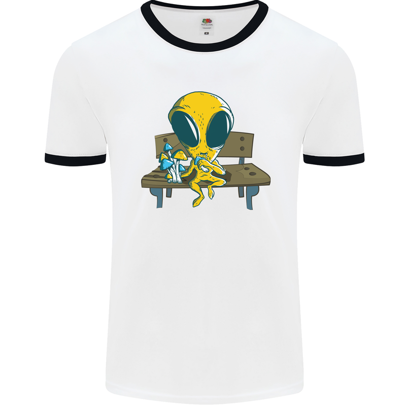 An Alien Eating Magic Mushrooms LSD Mens Ringer T-Shirt White/Black