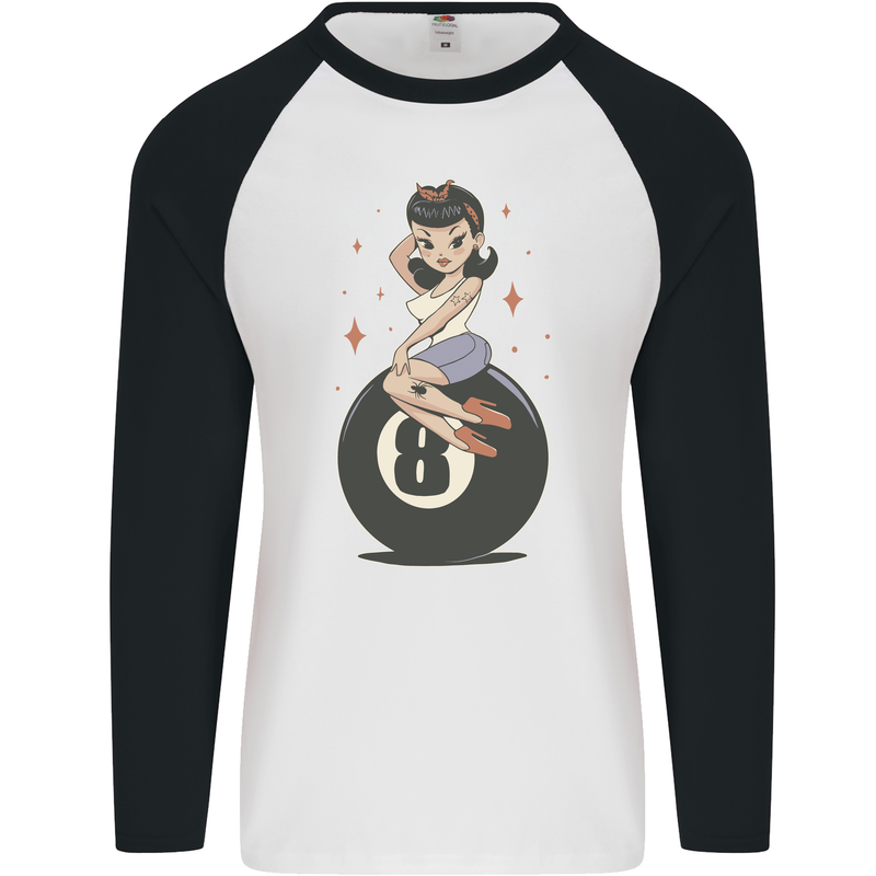 8-Ball Pool Pinup Mens L/S Baseball T-Shirt White/Black