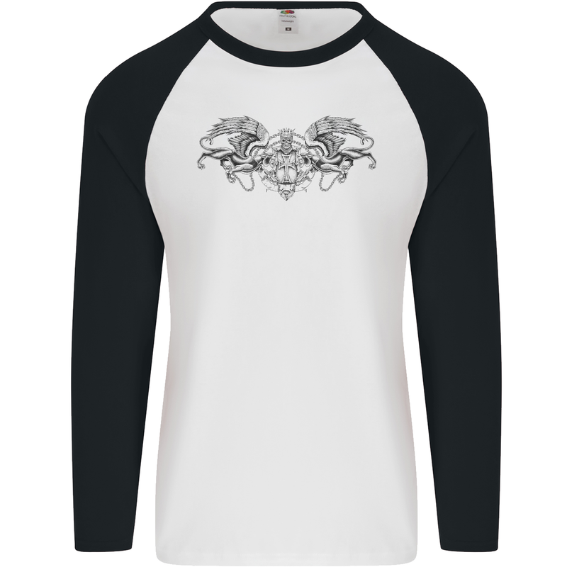 St Georges Day Roman Skull Wings Panther Mens L/S Baseball T-Shirt White/Black