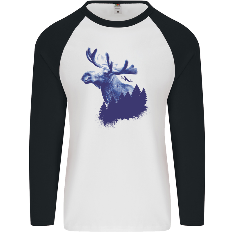 Moose Forest Ecology Environment Mens L/S Baseball T-Shirt White/Black