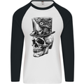 Steampunk Skull With Top Hat Mens L/S Baseball T-Shirt White/Black