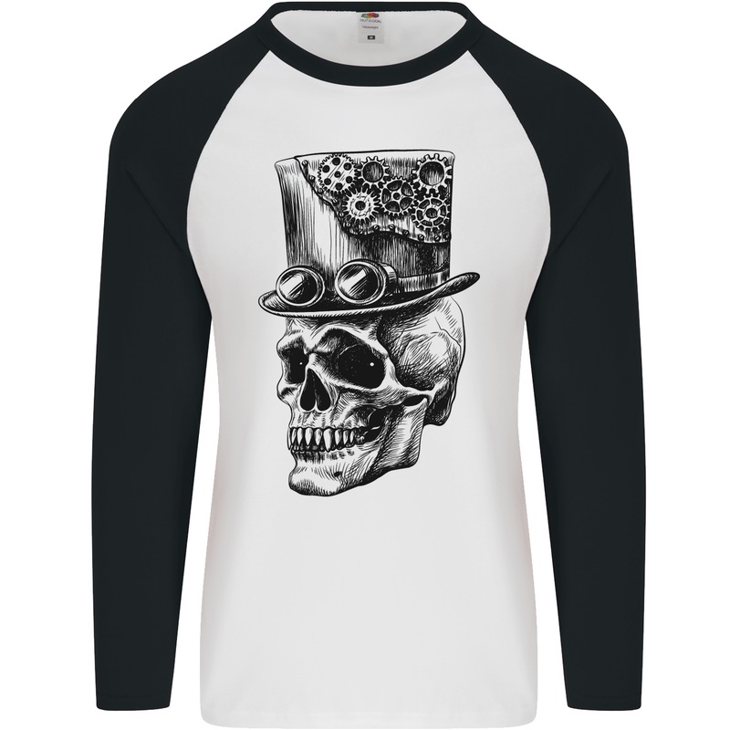 Steampunk Skull With Top Hat Mens L/S Baseball T-Shirt White/Black