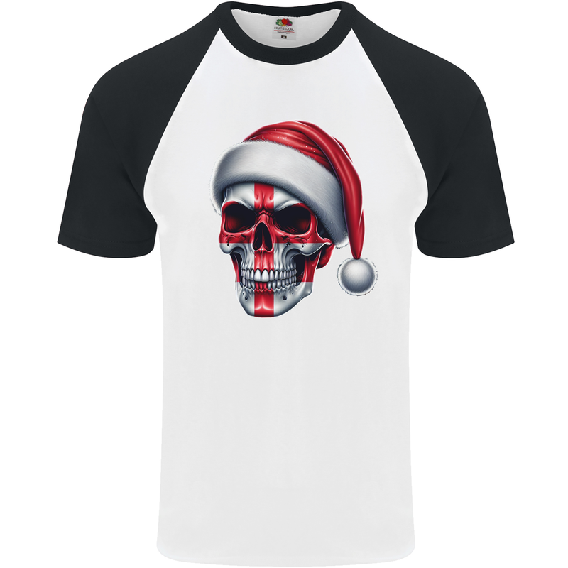 England Christmas Skull Xmas English Flag Biker Mens S/S Baseball T-Shirt White/Black