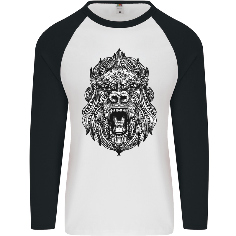 Ape Mandala Art Mens L/S Baseball T-Shirt White/Black