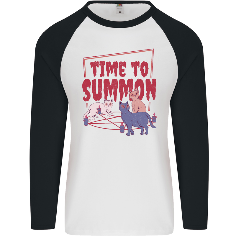 Time to Summon Cats Let's Summon Demons Mens L/S Baseball T-Shirt White/Black