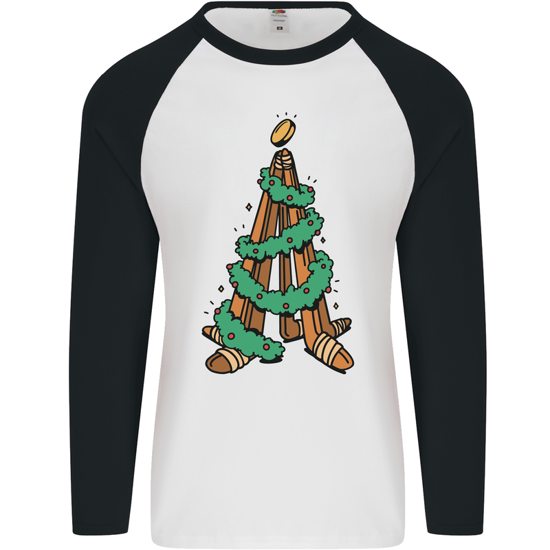 Hockey Christmas Tree Mens L/S Baseball T-Shirt White/Black