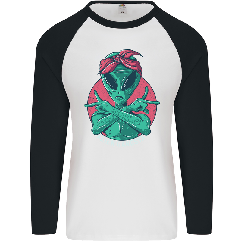 Funny Alien Gangster UFO 2Pac Rap Music Mens L/S Baseball T-Shirt White/Black
