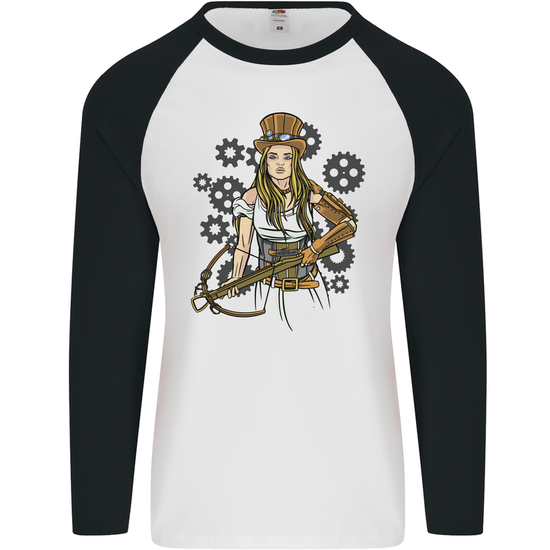 A Steampunk Woman With a Crossbow Mens L/S Baseball T-Shirt White/Black