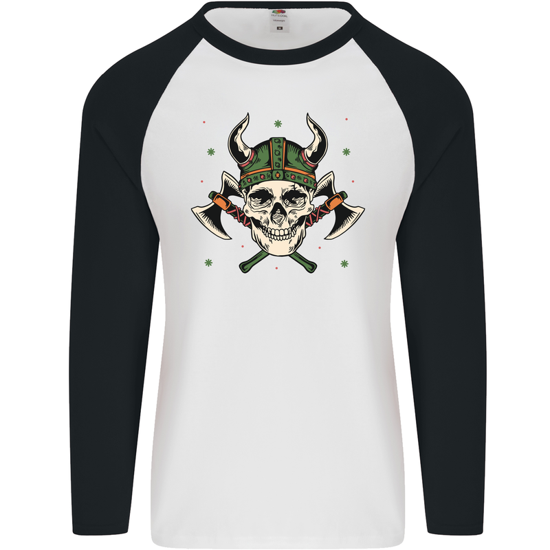 Viking Skull With Axes and Helmet Mens L/S Baseball T-Shirt White/Black