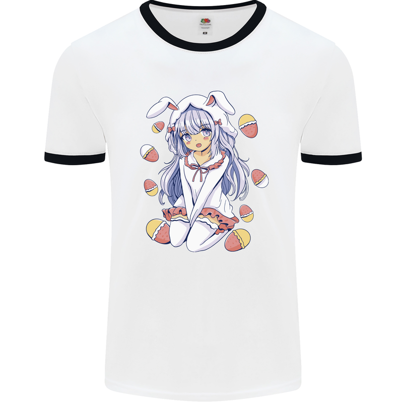 Easter Anime Girl With Eggs and Bunny Ears Mens Ringer T-Shirt White/Black