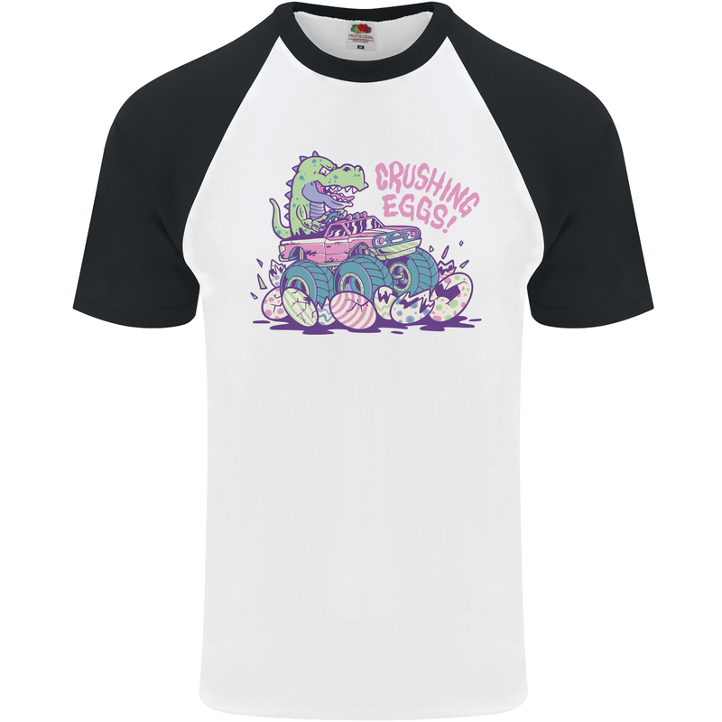 Crushing Eggs Easter T-Rex Dinosaur Monster Truck Mens S/S Baseball T-Shirt White/Black