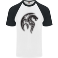 Black Tribal Tattoo Style Dragon Mens S/S Baseball T-Shirt White/Black