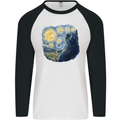 Cat Vangogh Funny Feline Painting Mens L/S Baseball T-Shirt White/Black