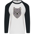 Mandala Wolf Mens L/S Baseball T-Shirt White/Black