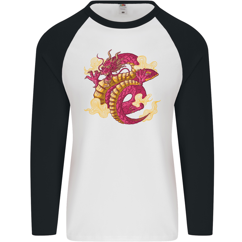 A Chinese Dragon Mens L/S Baseball T-Shirt White/Black